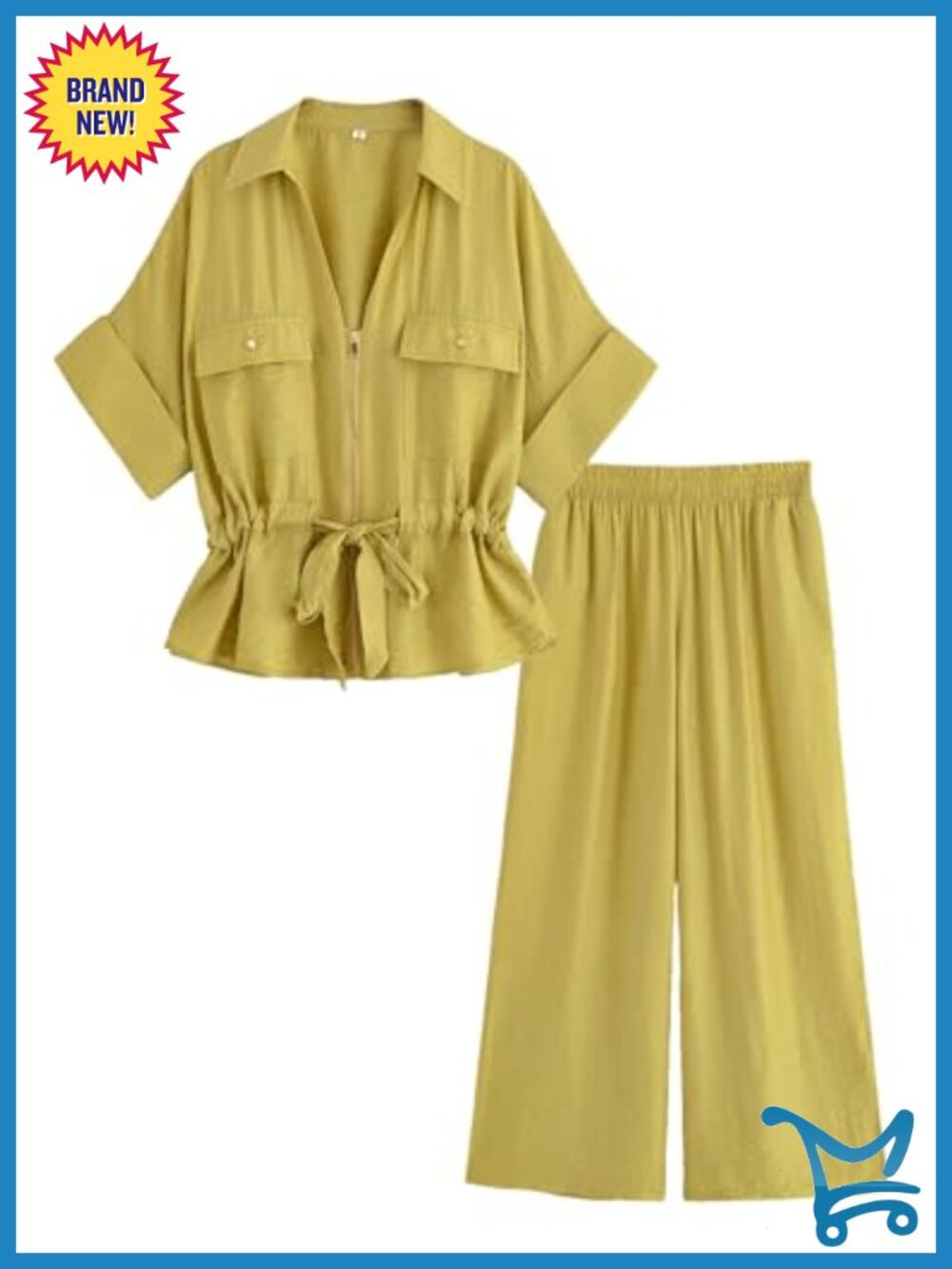 Linen 2 Piece Outfit Short Sleeve Zipper Drawstring Waist Wide Leg Pants With